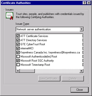 IE4 certificate authority selection panel.